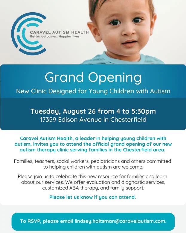 🎉 You're Invited! 🎉
Caravel Autism Health is officially opening our newest clinic in Chesterfield, MO, and you're invited to help us celebrate!

📍 17359 Edison Avenue, Chesterfield MO
🗓️ Tuesday, August 26
⏰ 4:00–5:30 PM

This clinic was designed with young children in mind and we're proud to expand access to expert autism care across the St. Louis area. Families, educators, healthcare professionals, and community partners are all welcome.

Come tour the space, meet our team, and learn how we’re helping kids thrive through evaluation, ABA therapy, and whole-family support.

📩 To RSVP, please email: lindsey.holtsman@caravelautism.com

#ChesterfieldMO #GrandOpening #AutismSupport #CaravelAutismHealth #StLouisAutism #ABAtherapy #NewClinic #EarlyIntervention #NewClinic #BCBA #RBT #ExpandingServices