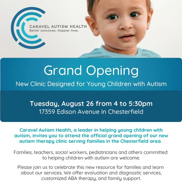 🎈 Today’s the Day, Chesterfield! 🎈
We’re officially opening our doors at Caravel Autism Health’s newest clinic in the St. Louis area and we’d love for you to stop by!

📍 17359 Edison Avenue, Chesterfield
🕓 4:00 to 5:30 PM – Tuesday, August 26

Come tour our newly designed clinic for young children with autism, meet our team, and learn more about our services which includes diagnostic evaluations, customized ABA therapy, and family support.

No RSVP needed, just drop in and say hello!
Let’s celebrate this new resource for local families together.

#ChesterfieldMO #GrandOpening #AutismCare #CaravelAutismHealth #ABAtherapy #StLouisAutism #TherapyServices #AutismSupport